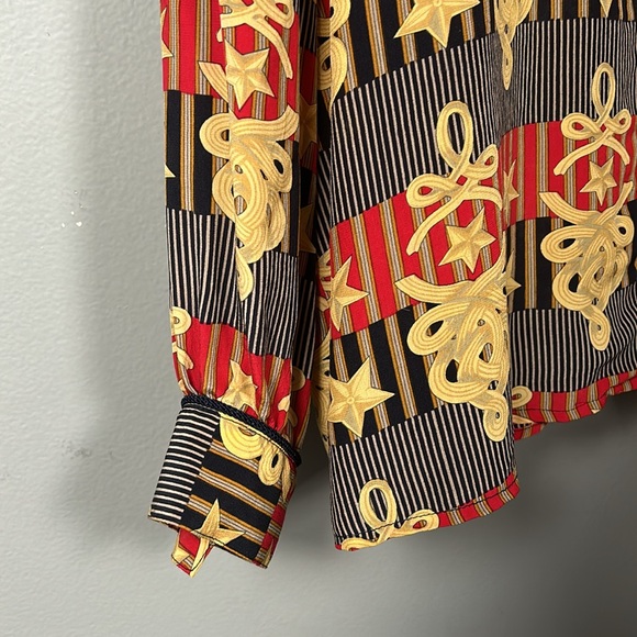 Vintage Fiji Silk Gold Red Navy Long Sleeve Button Down Shirt size XL mandarin - Picture 8 of 16